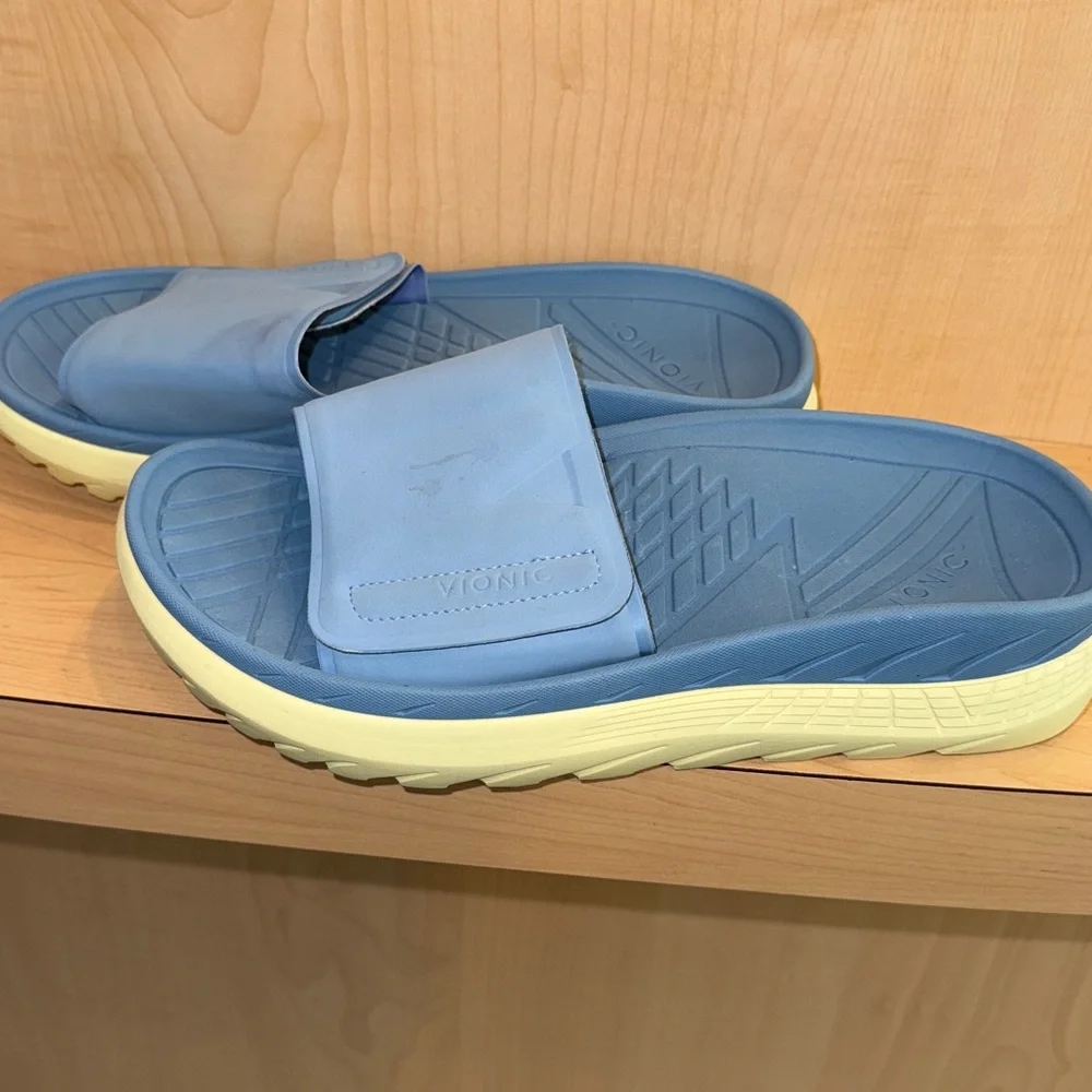 Vionic Blue and Cream Slide Sandals - Picture 1 of 7